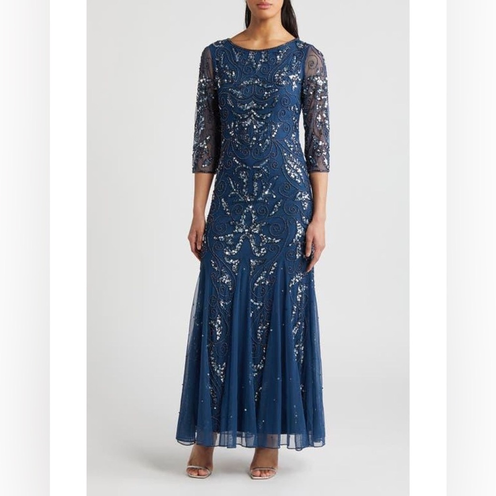 PISSARO NIGHTS ILLUSION SLEEVE BEADED A-LINE GOWN DRESS BLUE SIZE 8 NWOT